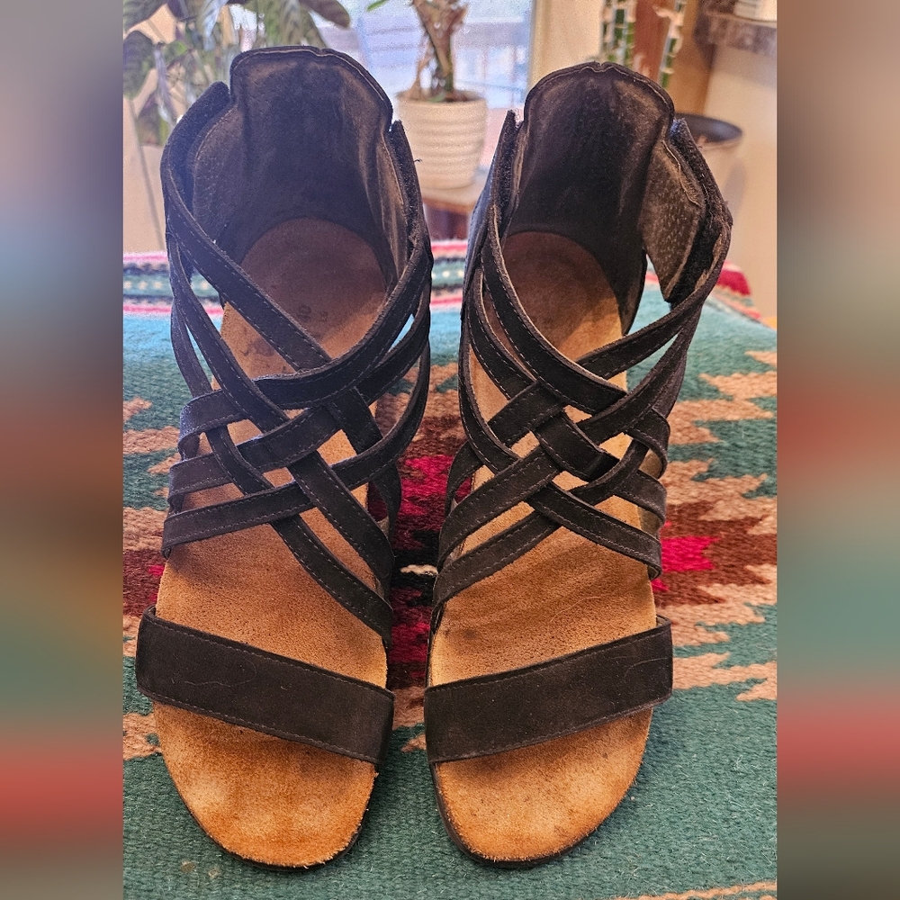 Naot Black and Tan Sandals with Crisscross Straps